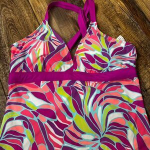 ISLAND ESCAPE Pink Halter Printed Colorful Large Women's Swimwear Tankini Top